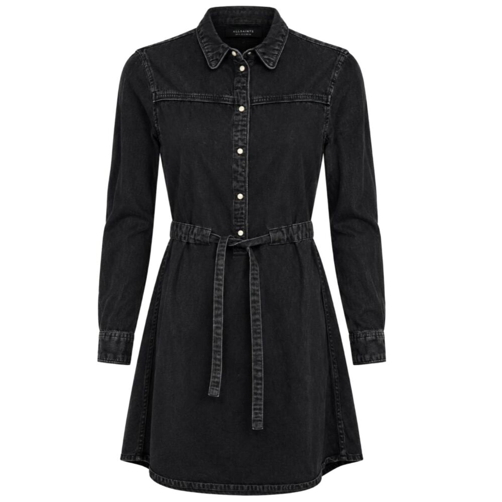 AllSaints Black Tie Waist Long Sleeve Shirt Dress